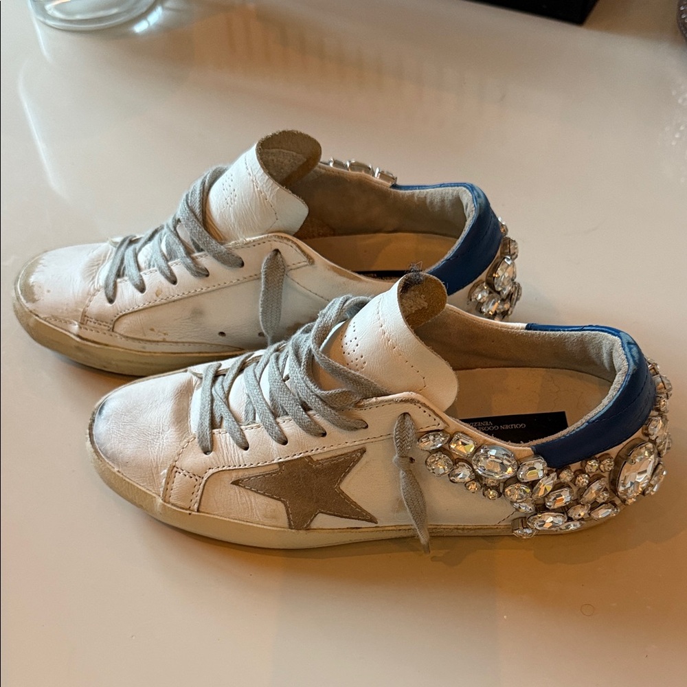 Rare Limited Edition Golden Goose White and Blue Sneakers with Crystal Details